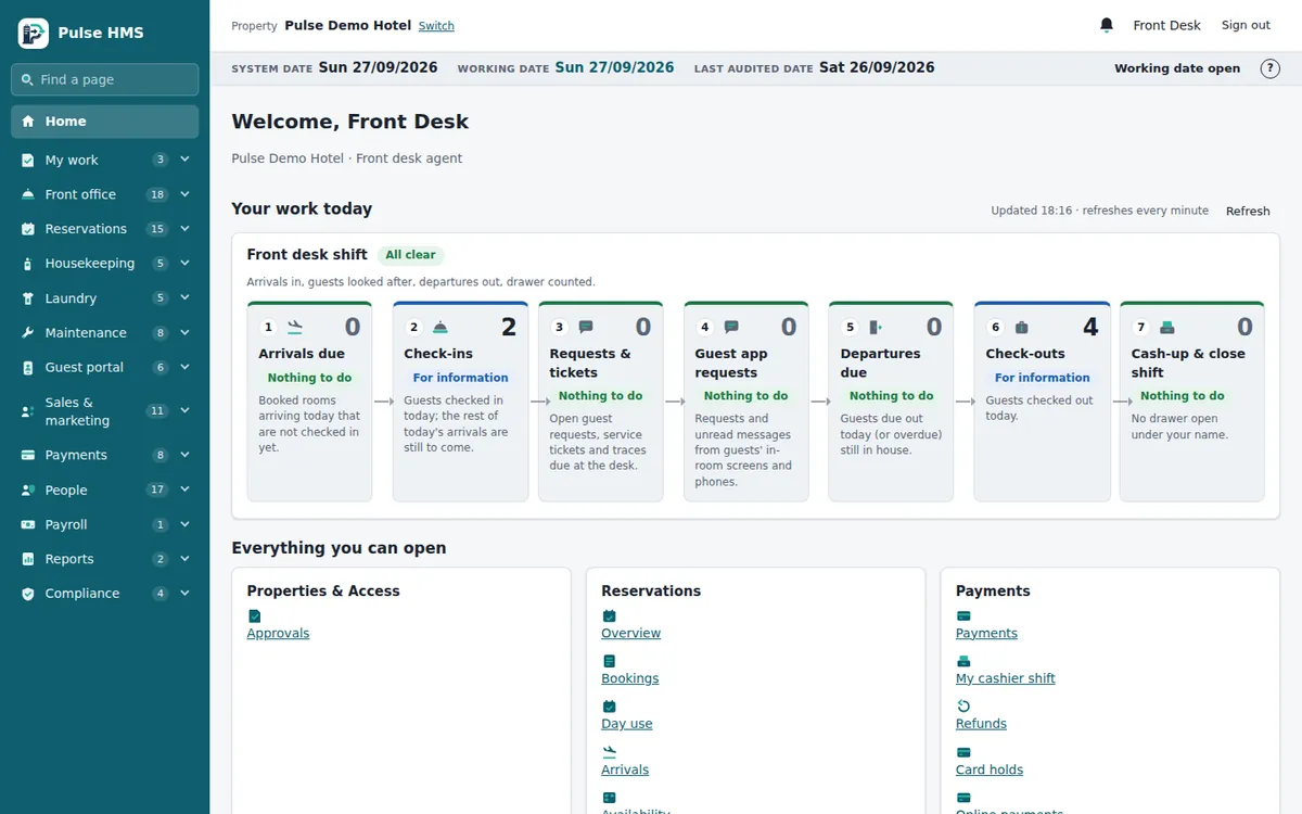 The Home page of a front desk agent